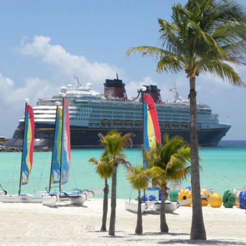 View of the Disney Cruise Ship the Magic from the island of Castaway Cay
